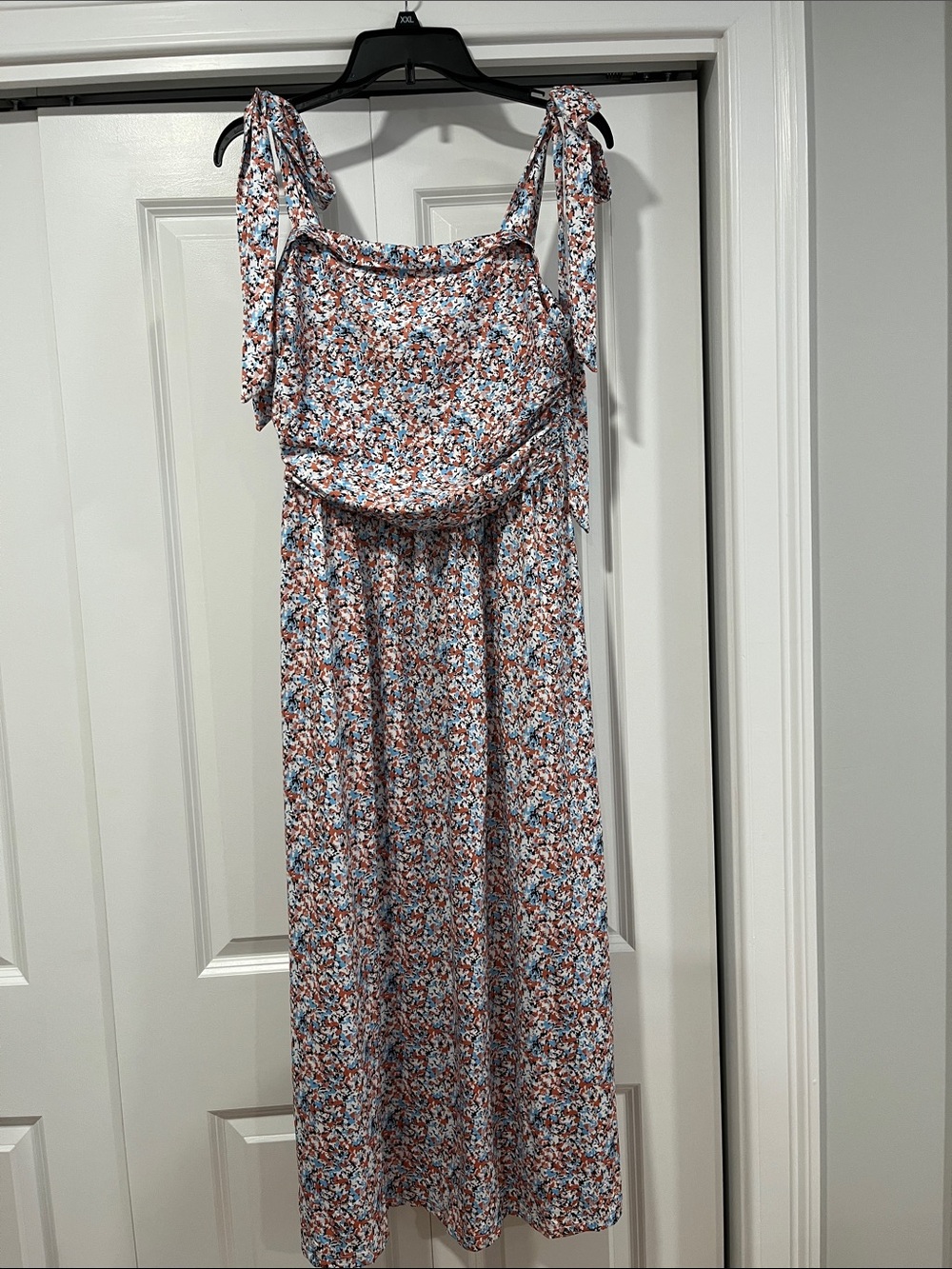 Tie-Shoulder Floral Maxi Dress in Rust & Blue